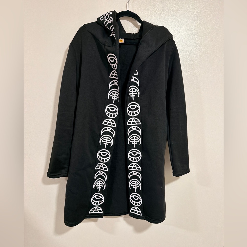 Black Gothic Hooded Cardigan with Symbol Print Trim, Sz Large Goth Witchy Grunge